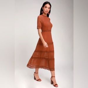 Rust, Swiss dot, midi-length dress